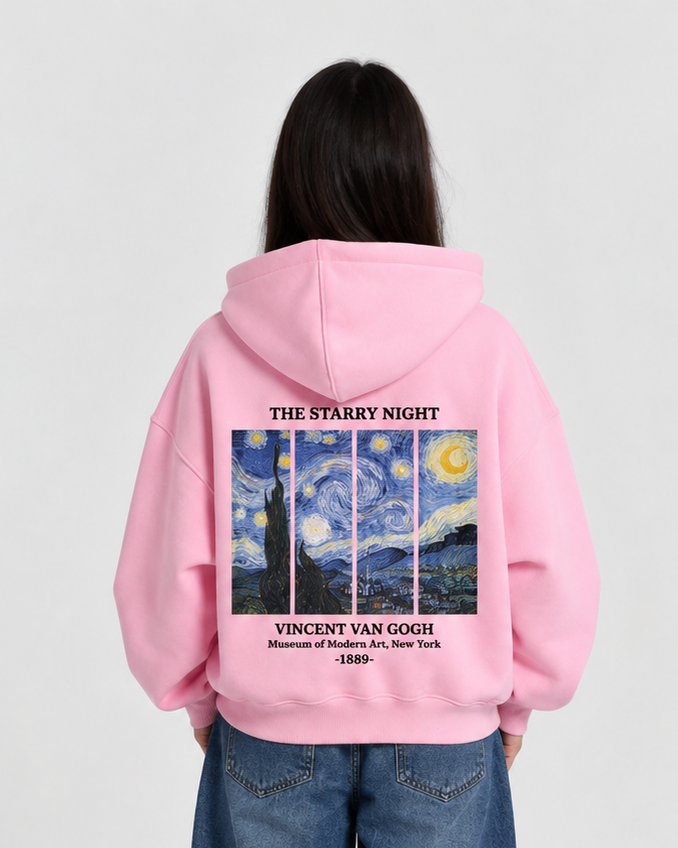 Starry Night Boxy Hoodie-Pink